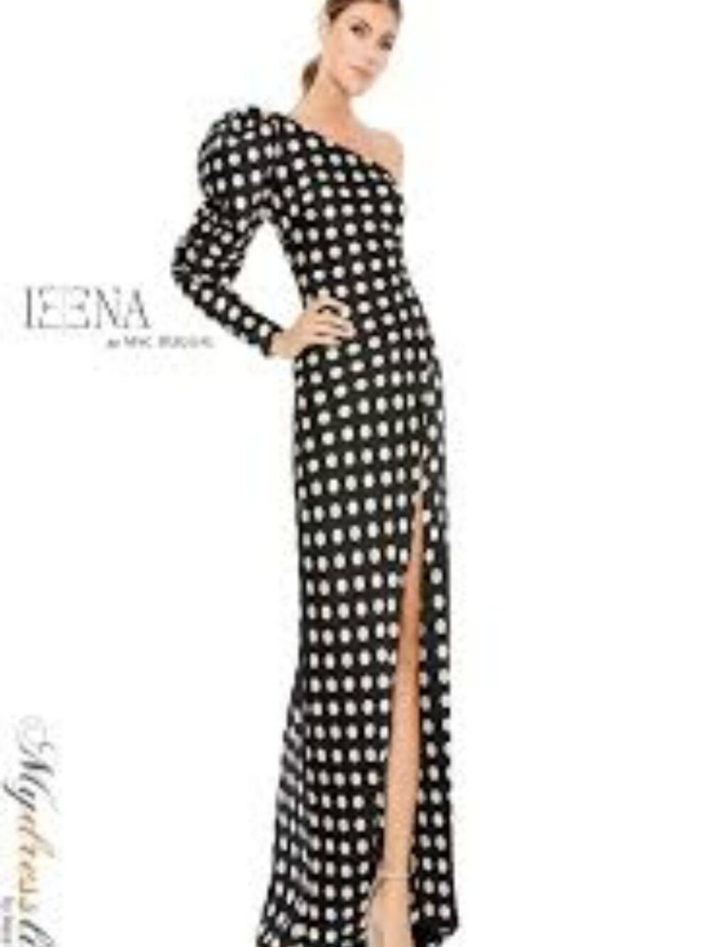 Ieena Mac Duggal One Puff Sleeve Polka Dot Sheath Gown Black Beige Size 4